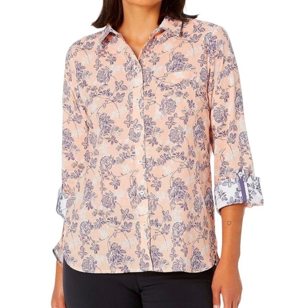 Foxcroft NYC‎ Women's size 10 Euro Summer Button Up Roll Tab Floral Beachy Top